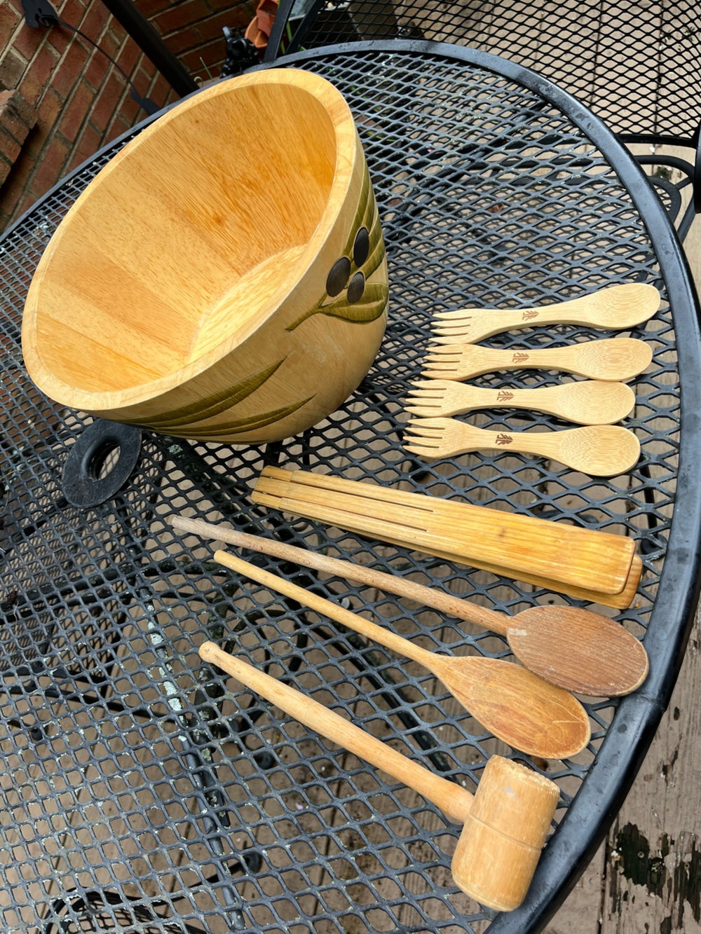 Hand-Painted Olive Wooden Salad Bowl Set with Utensils - Natural Wood